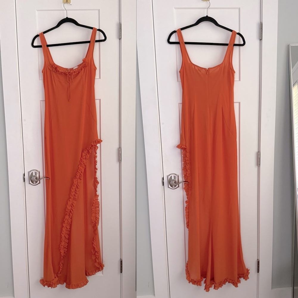 HELSA Sheer Ruffled Long Orange Dress - Picture 3 of 12